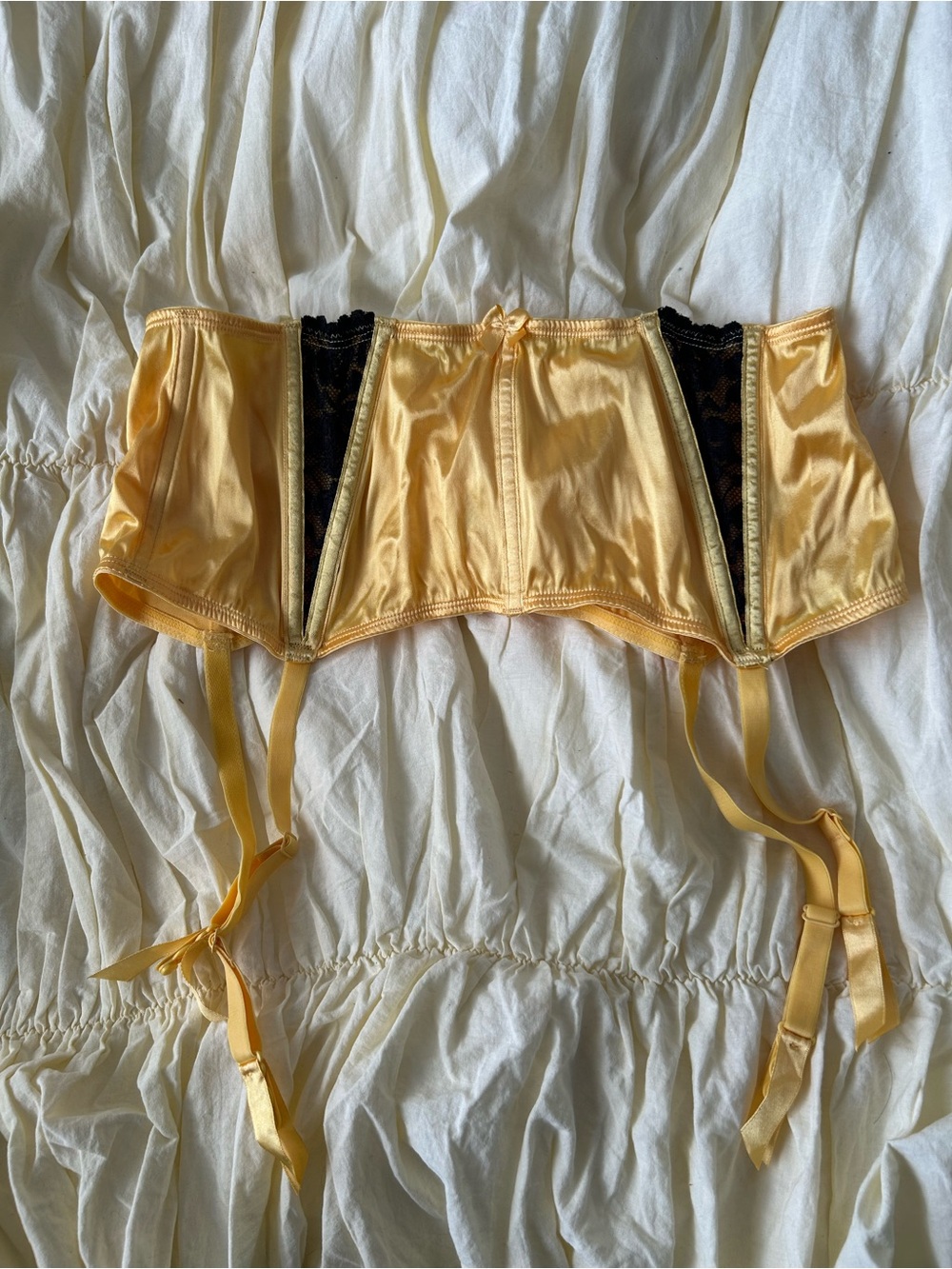 Vintage Yellow Satin Garter Belt with Black Lace Insets